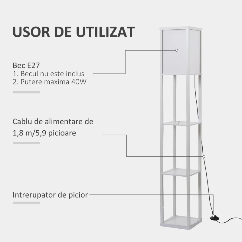 HOMCOM Lampa de Podea cu 3 Polite Integrate Cuplare E27 Putere 40W Alb