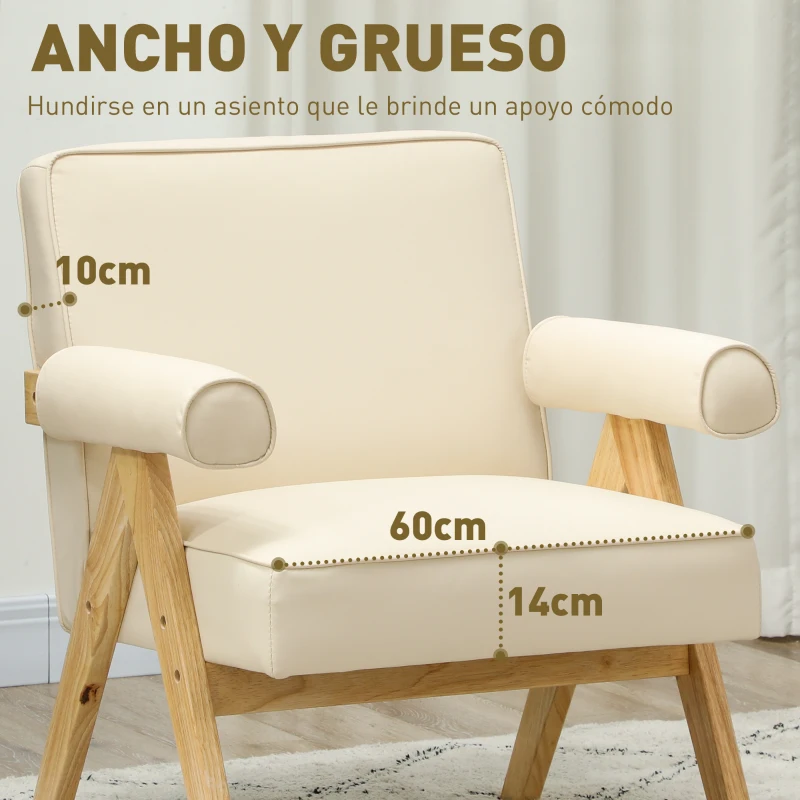 HOMCOM Sillón de Salón Tapizado en PU con Reposabrazos y Marco de Madera de Caucho para Dormitorio Carga 120 kg Crema