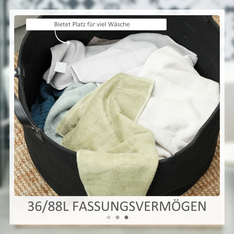 HOMCOM Kosz na bieliznę, 88L, przenośny, składany, uchwyty z ekoskóry, bawełna, Ø56 x 35,5H cm, Czarny
