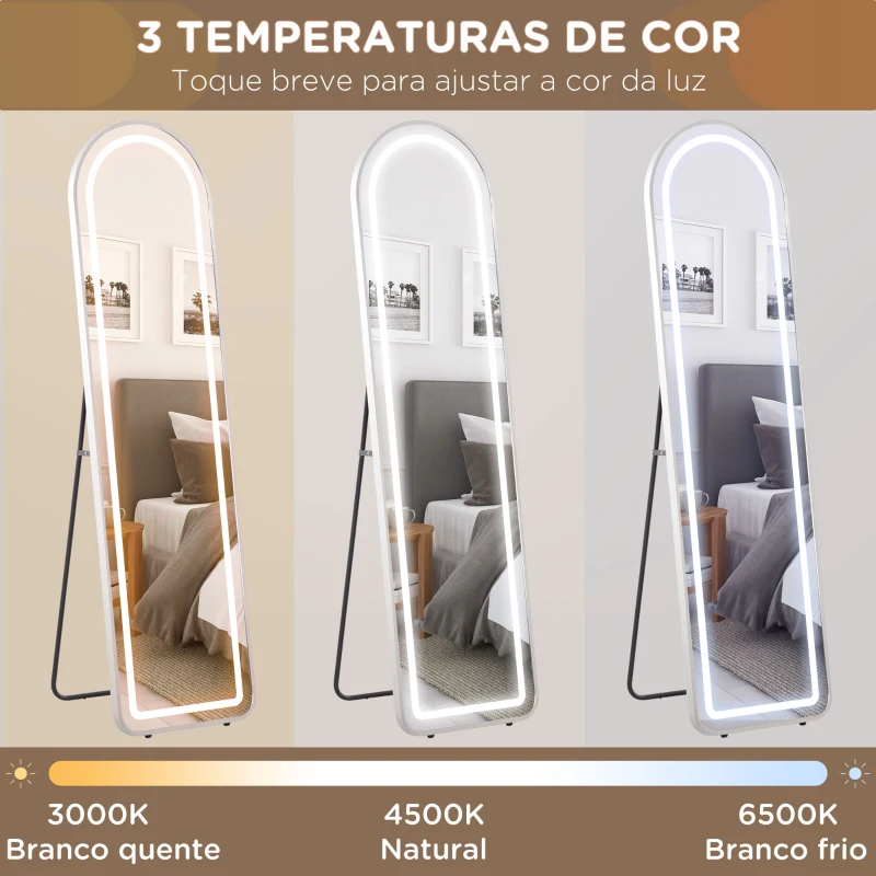 HOMCOM Espelho de Pé com Luzes LED 40x150 cm Espelho de Corpo Inteiro com Iluminação em 3 Cores e Função de Memória Prata