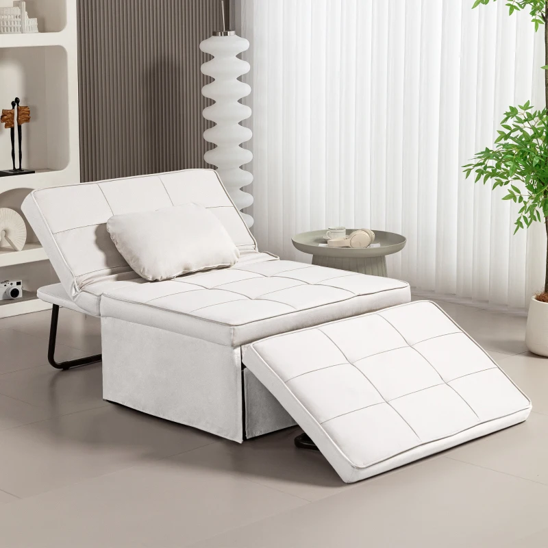 HOMCOM Sofá Cama Individual 3 em 1 Estofado em Linho Reclinável em 5 Posições com Apoio para os Pés e Apoio para a Cabeça 95x189x43 cm Branco Gelo