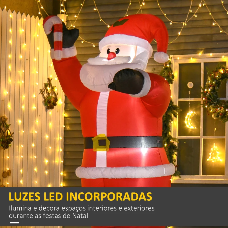 HOMCOM Pai Natal Insuflável 240 cm com Bengala Luzes LED e Insuflador Elétrico Decoração de Natal para Exterior e Interior Multicor