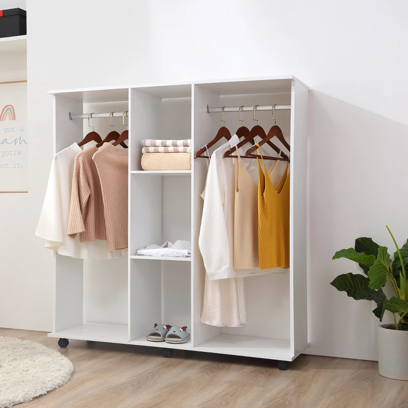 HOMCOM Roupeiro de Madeira Móvel Armário Roupeiro Aberto com 2 Barras para Pendurar e 3 Prateleiras Organizadoras 120x40x128 cm Branco
