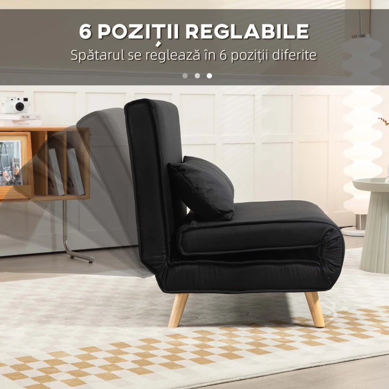 HOMCOM Fotoliu Pat Individual 3 în 1 cu Spătar Reglabil pe 6 Nivele și Pernă, Canapea Pat Pliant, 94x78x80 cm, Negru(m-7)