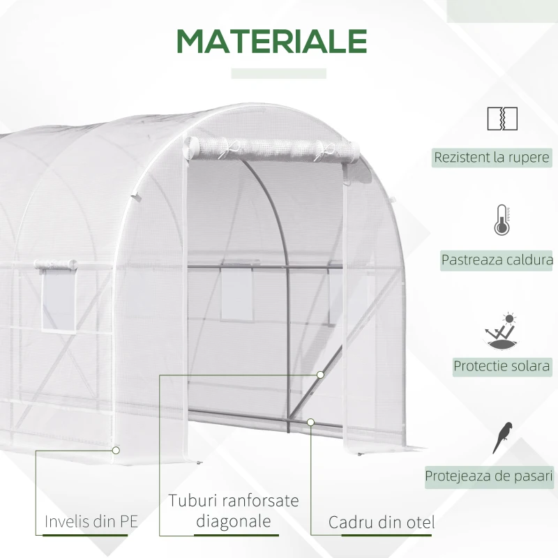 Outsunny Sera tunel cu 8 ferestre si usa rulanta, sera de gradina tunel pentru plante, 5x2x2m, alb(m-5)