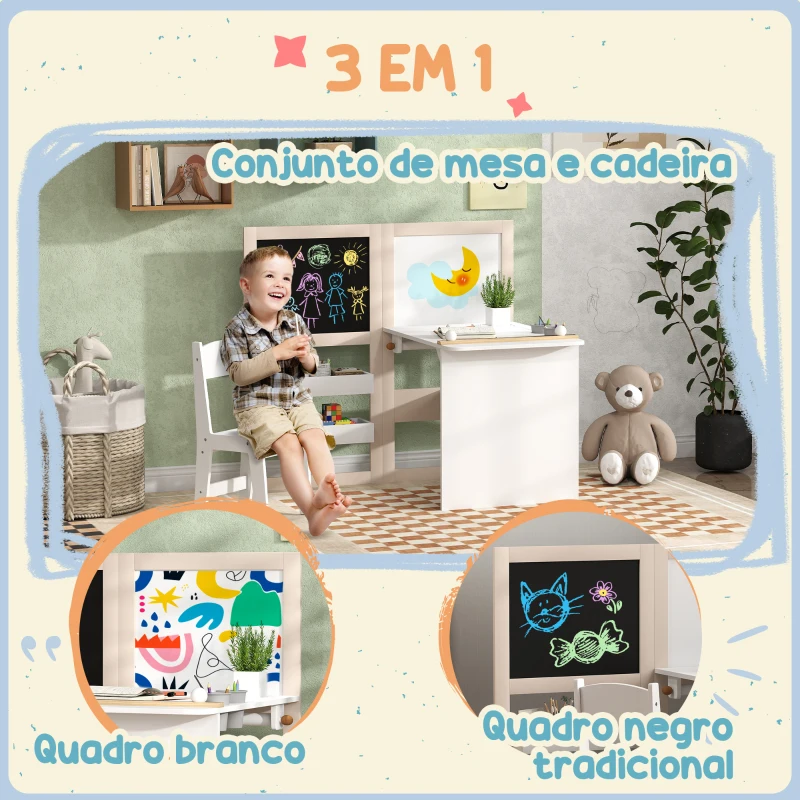 AIYAPLAY Mesa e Cadeira Infantil Mesa para Crianças com Cadeira Ardósias Dobrável Prateleiras e Rolo de Papel Branco