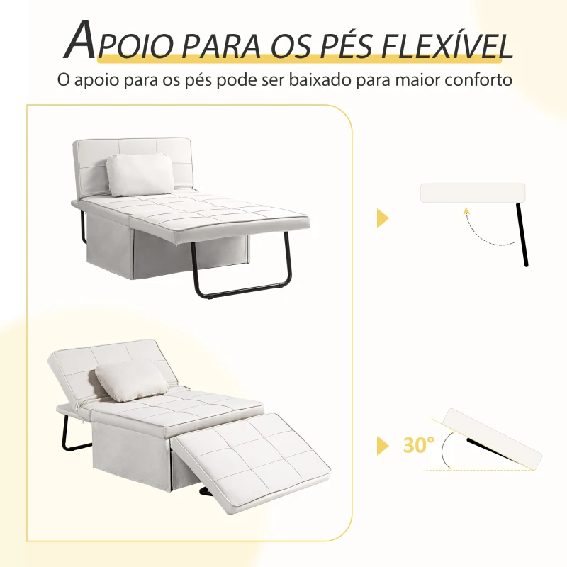 HOMCOM Sofá Cama Individual 3 em 1 Estofado em Linho Reclinável em 5 Posições com Apoio para os Pés e Apoio para a Cabeça 95x189x43 cm Branco Gelo