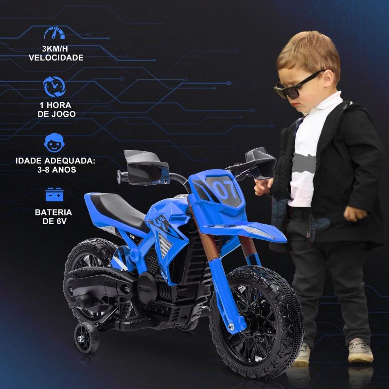 AIYAPLAY Mota Elétrica para Crianças  Moto a Bateria para Crianças 6V com Rodas de Treino e Buzina 105x57x62 cm Azul