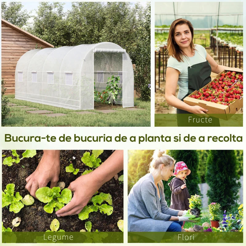 Outsunny Sera tunel cu 8 ferestre si usa rulanta, sera de gradina tunel pentru plante, 5x2x2m, alb(m-6)