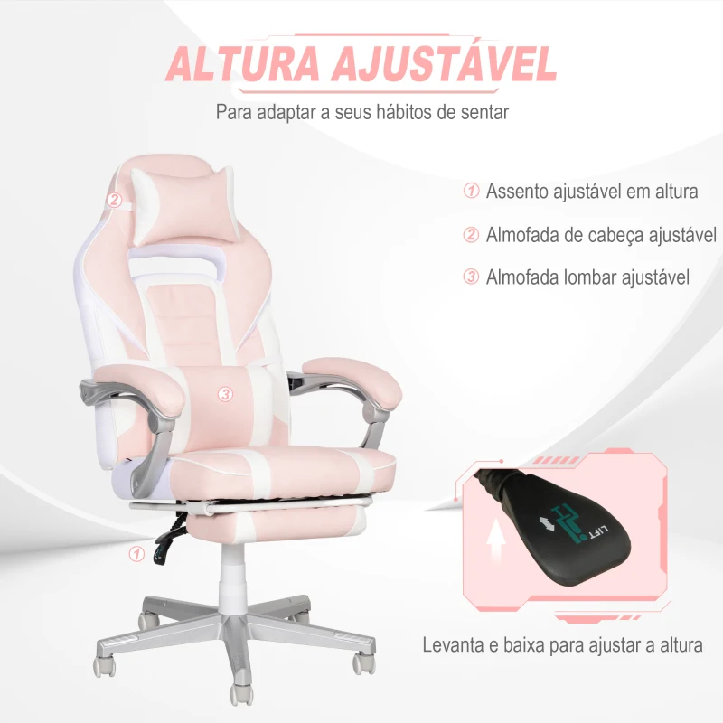 HOMCOM Cadeira Gaming Cadeira de Escritório Reclinável Apoio para os Pés Retrátil Suporte Lombar e Almofada para a Cabeça 63x63x115,5-123 cm Rosa