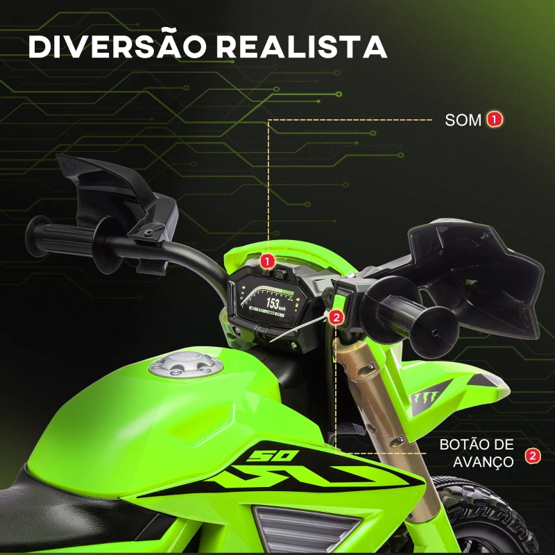 AIYAPLAY Mota Elétrica para Crianças  Moto a Bateria para Crianças 6V com Rodas de Treino e Buzina 105x57x62 cm Verde