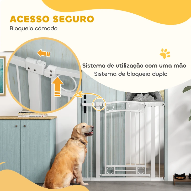 PawHut Barreira de Segurança para Cães com Largura Ajustável 76-104 cm Barreira com 2 Extensões para Escadas e Portas Branco