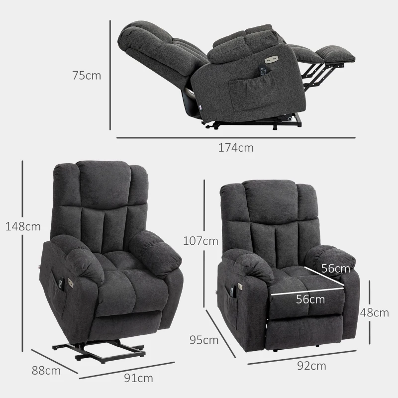 HOMCOM Fotel relax 2-w-1 z funkcją leżenia, porty USB, sprężyny kieszeniowe, Czarny