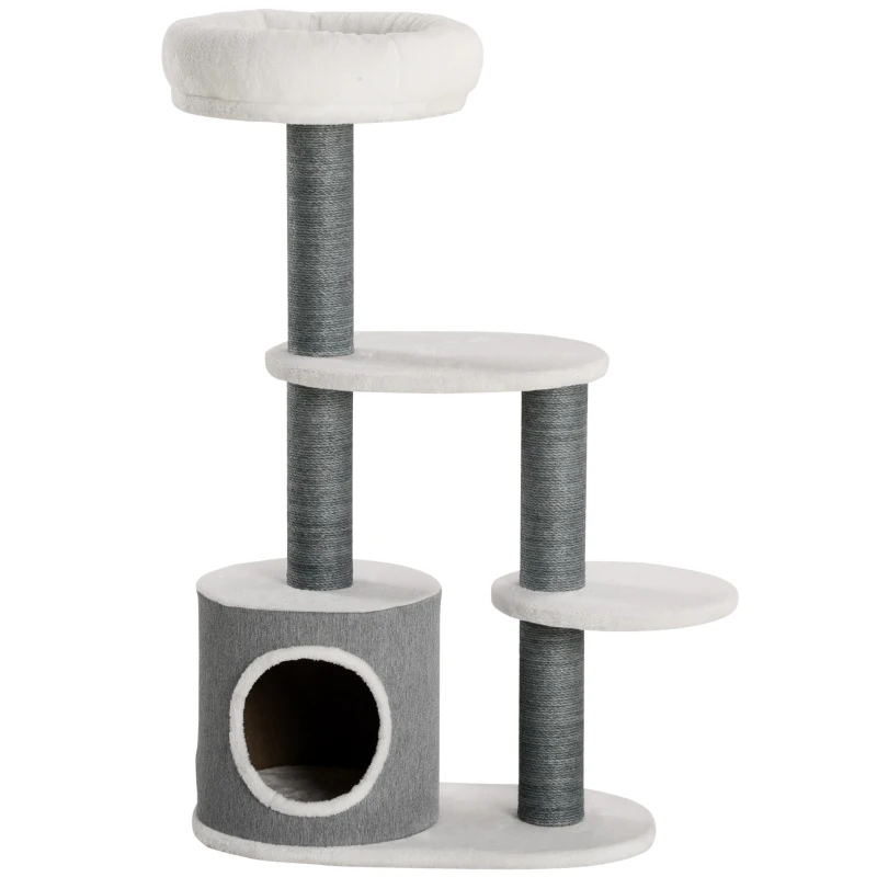 PawHut Ansamblu pentru pisici 98 cm de interior, Turn pentru pisici cu stalp de zgariat, casuta pentru pisici, pat, alb