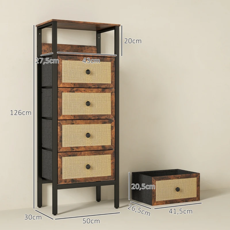 HOMCOM Cómoda de Tecido Cómoda para Dormitório com 4 Gavetas com Frente em Vime Prateleira 50x30x126 cm Marrom Rústico