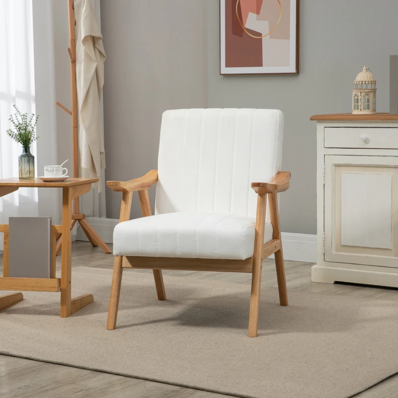 HOMCOM Fotel tapicerowany w stylu skandi, aksamit, rama z litego drewna, 68 x 74 x 82 cm, naturalny + kremowy