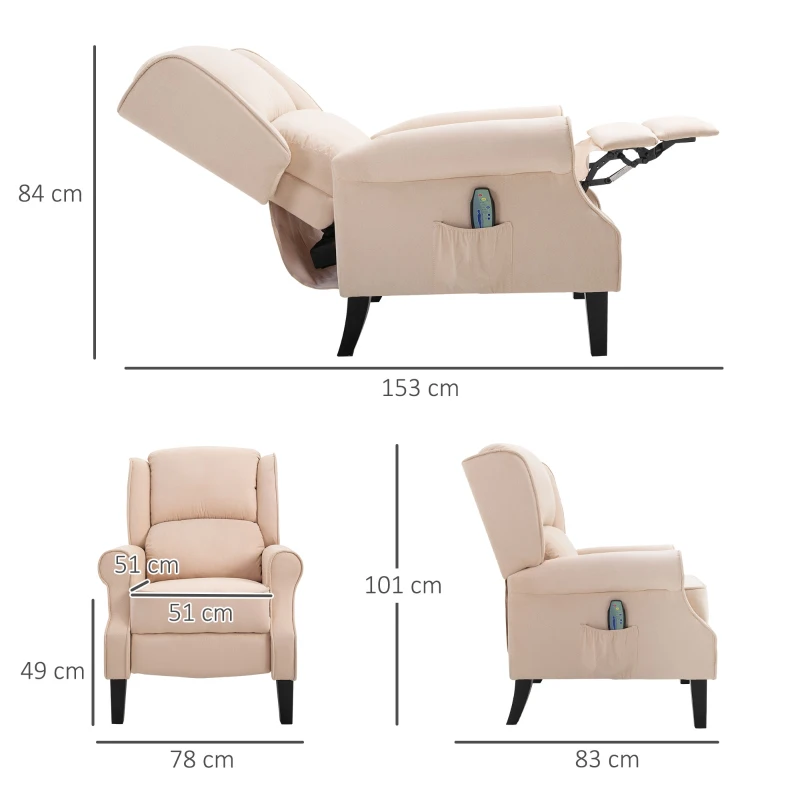 HOMCOM Poltrona de Massagem Poltrona Relax Reclinável com Controlo Remoto 2 Áreas de Massagem Bolso Lateral 78x83x101 cm Bege