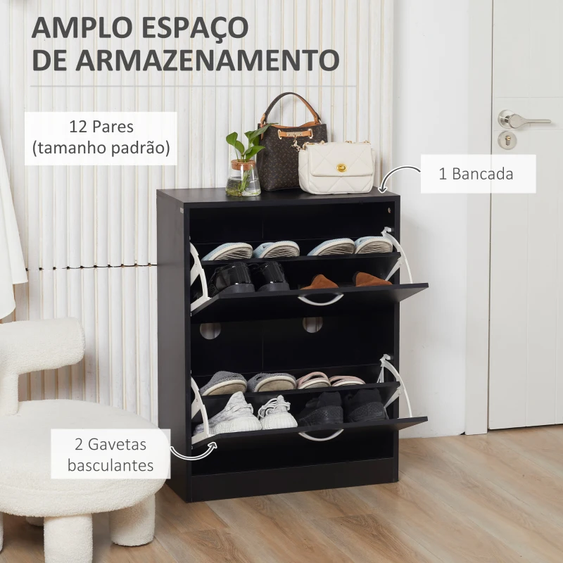 HOMCOM Sapateira de Madeira com 2 Compartimentos para Entrada Corredor Dormitório Sala de Estar 60x24x80 cm Preto