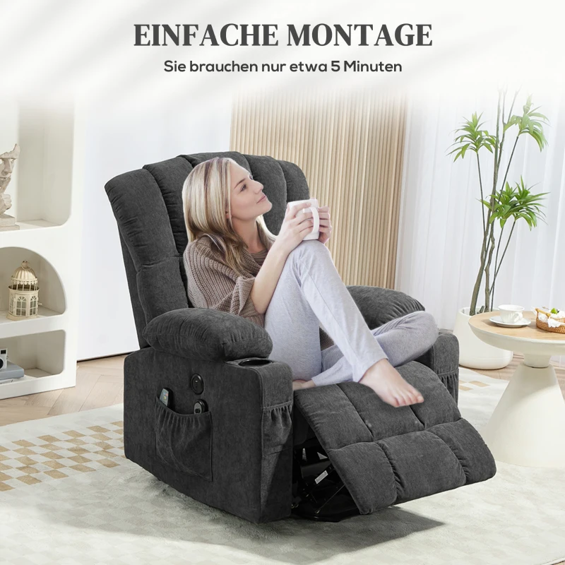 HOMCOM Elektrische Power Lift Sta-op-Stoel met Massage- en Verwarmingsfunctie, USB-Aansluitingen, Bekerhouders, Donkergrijs(m-9)