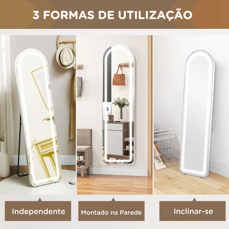 HOMCOM Espelho de Pé com Luzes LED 40x150 cm Espelho de Corpo Inteiro com Iluminação em 3 Cores e Função de Memória Prata