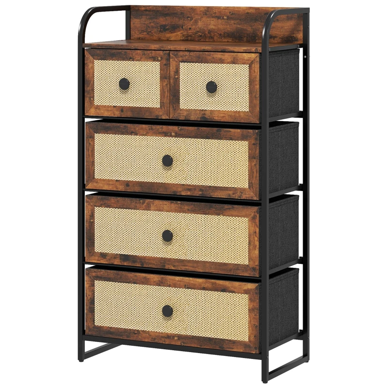 HOMCOM Cómoda de Tecido Cómoda para Dormitório com 5 Gavetas com Frente em Vime e Prateleira 58x29x99 cm Marrom Rústico