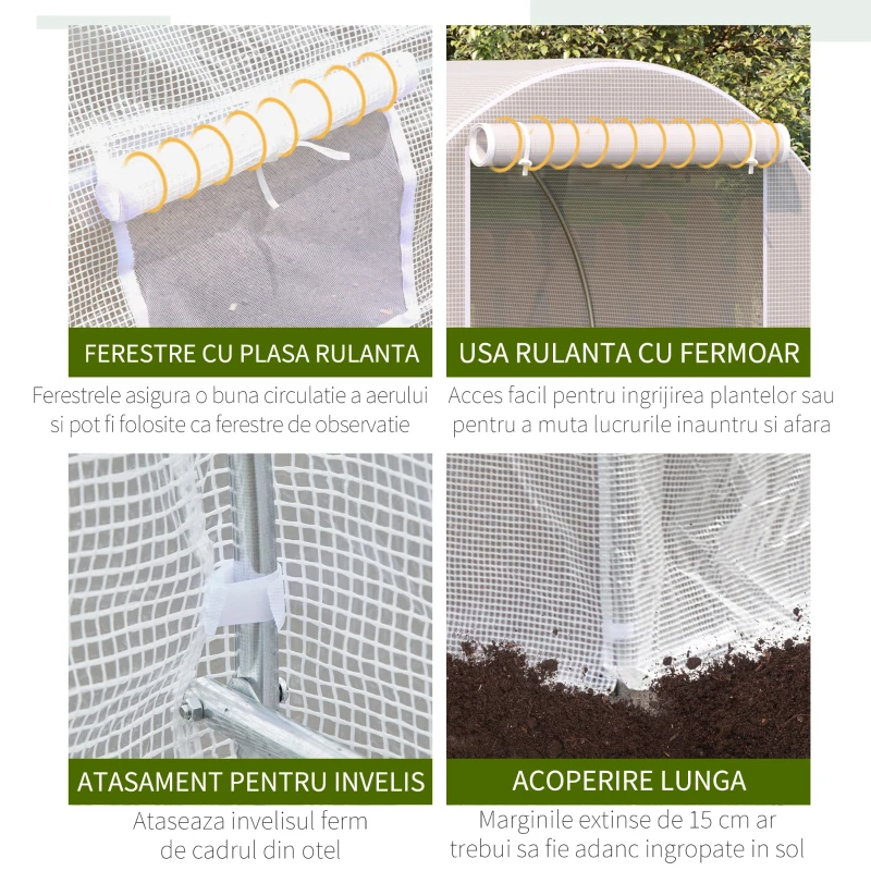 Outsunny Sera tunel cu 8 ferestre si usa rulanta, sera de gradina tunel pentru plante, 5x2x2m, alb(m-4)