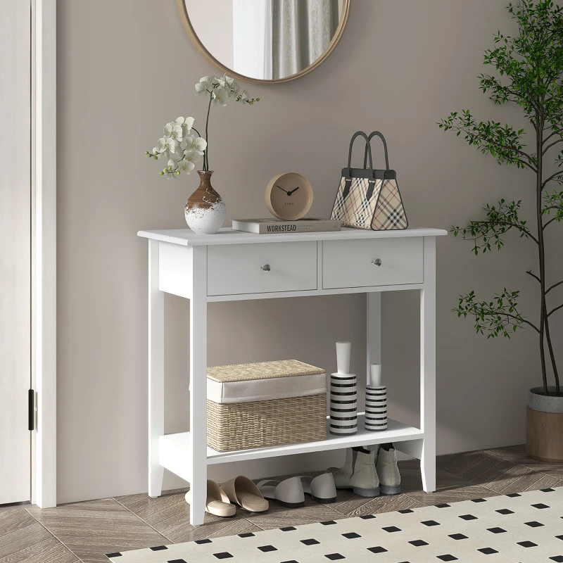 HOMCOM Konsolowy Stół, Białe Sideboard, 2 Szuflady, Dolna Półka, 80x40x75 cm