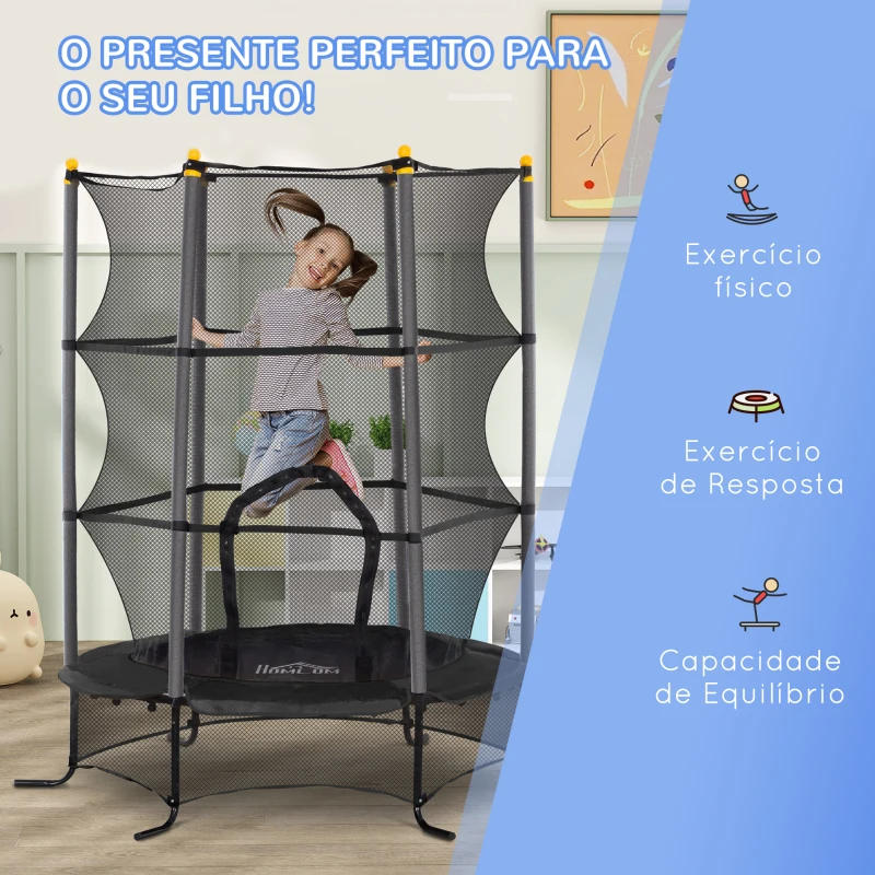 HOMCOM Trampolim para Crianças com Rede de Segurança e Estrutura de Aço para Interiores e Exteriores Carga 50 kg Ø163x190 cm Preto