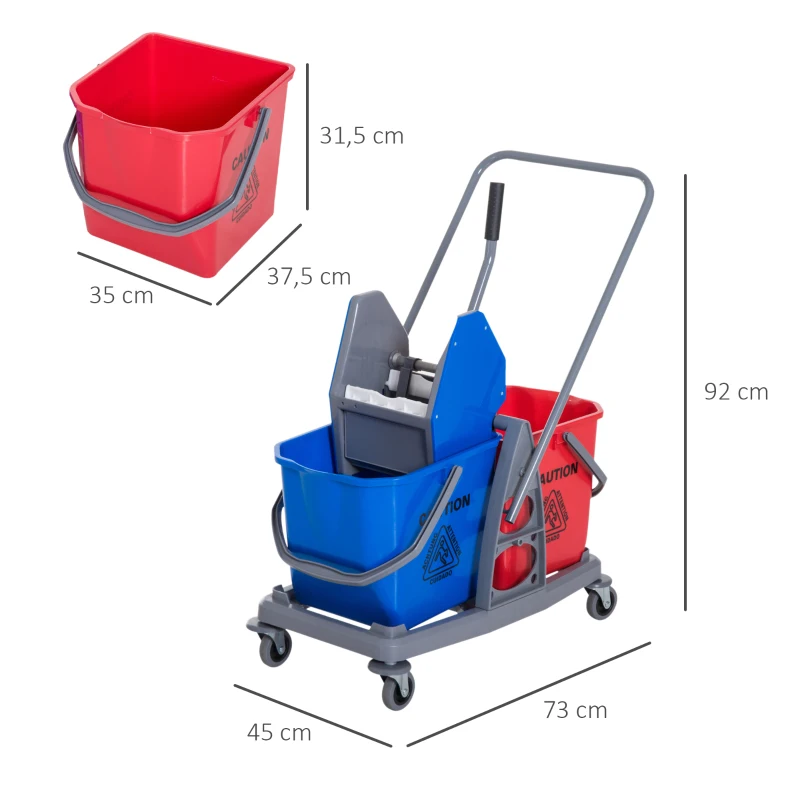 HOMCOM Carro de Limpeza Professional Carro de Limpeza de Metal com 2 Baldes de 25 Litros Removíveis Escorredor Manual e 4 Rodas 73x45x92cm Vermelho e Azul