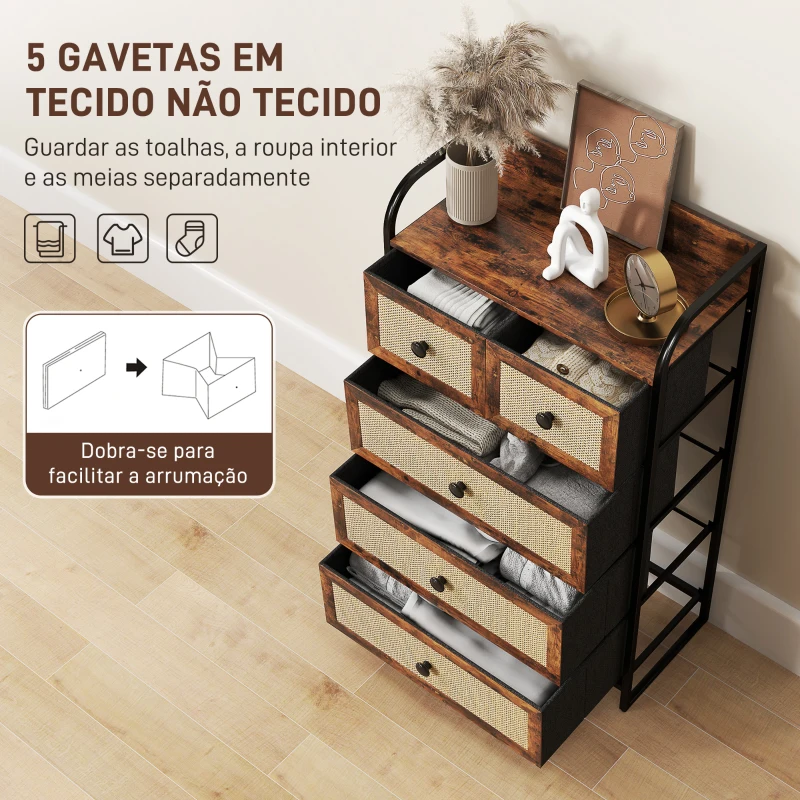 HOMCOM Cómoda de Tecido Cómoda para Dormitório com 5 Gavetas com Frente em Vime e Prateleira 58x29x99 cm Marrom Rústico