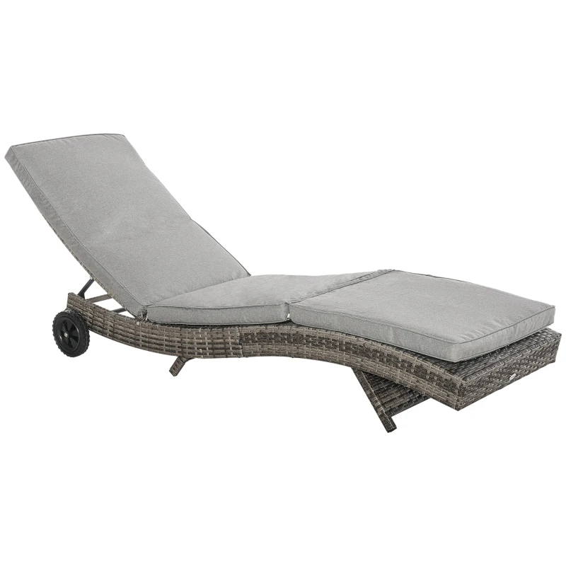 Outsunny Espreguiçadeira de Vime Reclinável Espreguiçadeira de Jardim com 2 Rodas Encosto Ajustável em 5 Posições 207x70x70 cm Cinza