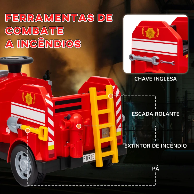 AIYAPLAY Carro Elétrico para Crianças acima de 3 Anos Caminhão de Bombeiros Elétrico para Crianças com Bateria de 12V Sirene Faróis Buzina e Música 86x49x52 cm  Vermelho