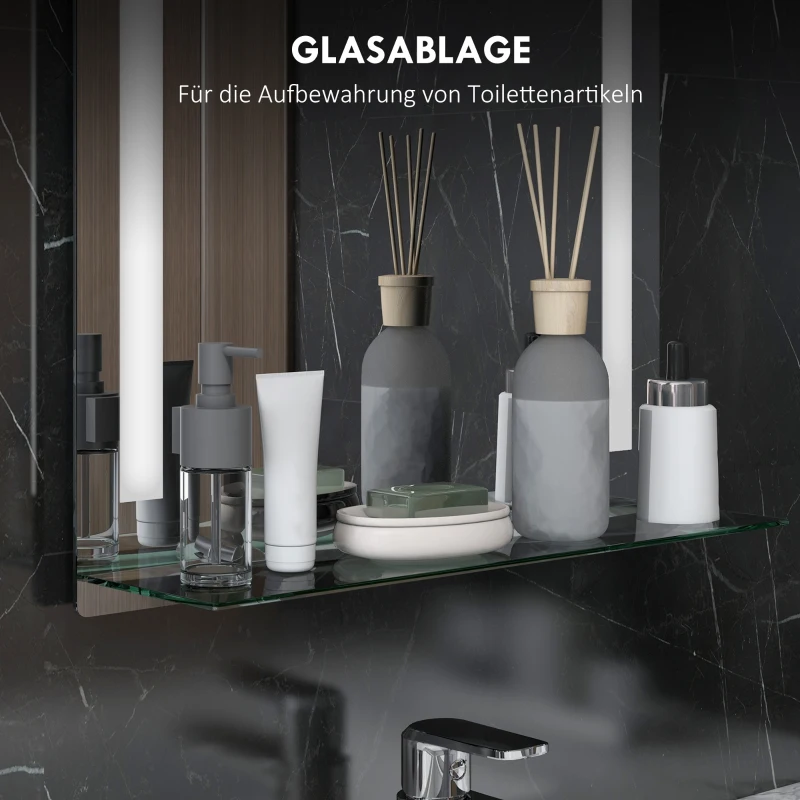 kleankin Badkamerspiegel met LED-verlichting, Elegant en Hoogwaardig, Glas, Aluminium, Kunststof, 50L x 12B x 70H cm