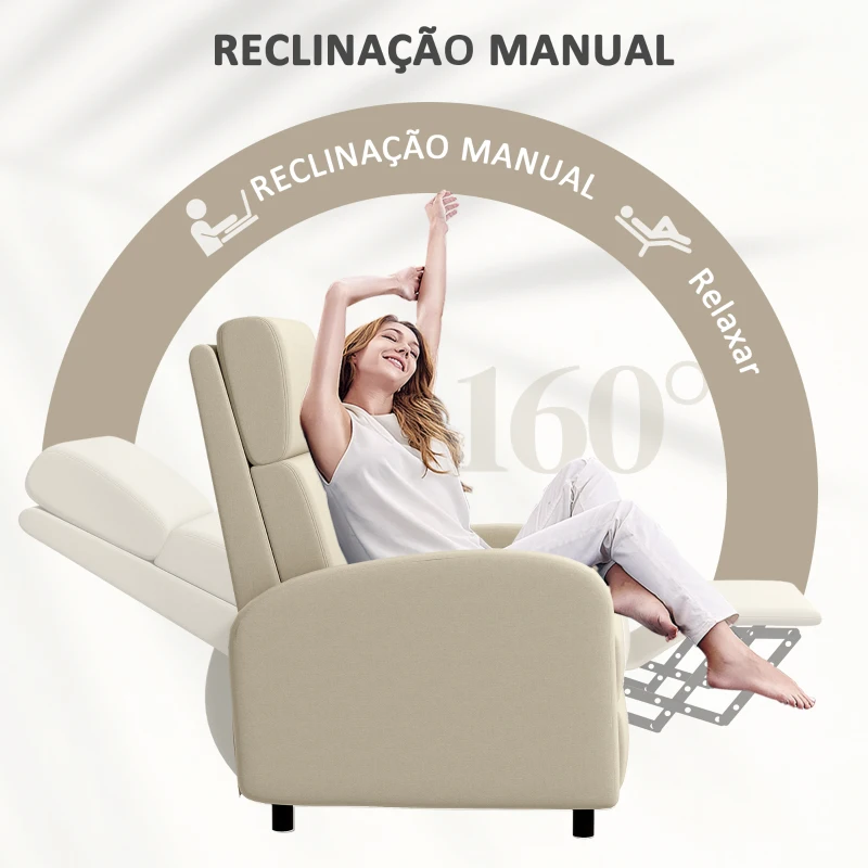 HOMCOM Poltrona Relax Reclinável até 160° Poltrona Reclinável Manual com Apoio para os Pés 64x86x102 cm Bege