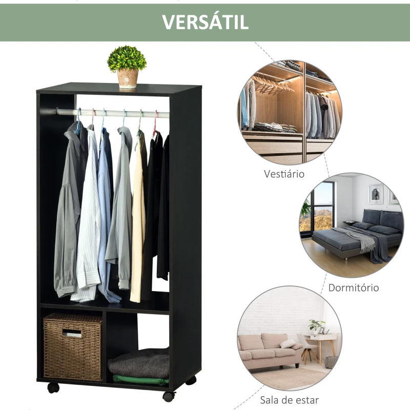 HOMCOM Roupeiro de Madeira Móvel Armário Roupeiro Aberto com Barra para Pendurar e Prateleiras Organizadoras 60x40x128 cm Preto