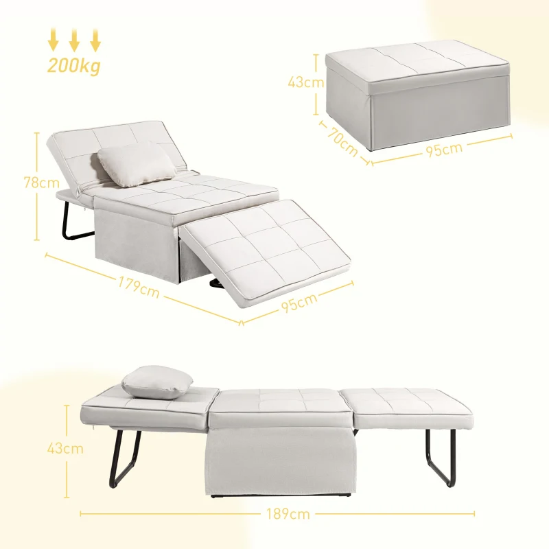HOMCOM Sofá Cama Individual 3 em 1 Estofado em Linho Reclinável em 5 Posições com Apoio para os Pés e Apoio para a Cabeça 95x189x43 cm Branco Gelo