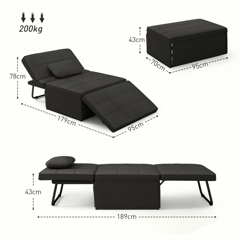 HOMCOM Sofá Cama Individual 3 em 1 Estofado em Linho Reclinável em 5 Posições com Apoio para os Pés e Apoio para a Cabeça 95x189x43 cm Preto