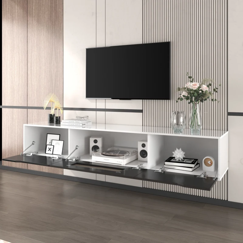 High-Gloss TV Cabinet with LED Lights, Modern Design, Versatile Mounting Options, 180L x 35W x 30H cm, Black
