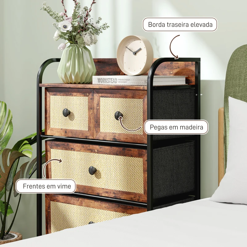 HOMCOM Cómoda de Tecido Cómoda para Dormitório com 5 Gavetas com Frente em Vime e Prateleira 58x29x99 cm Marrom Rústico