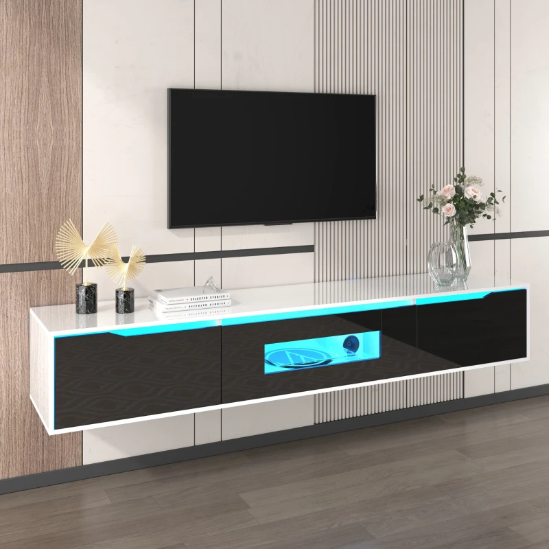 High-Gloss TV Cabinet with LED Lights, Modern Design, Versatile Mounting Options, 180L x 35W x 30H cm, Black