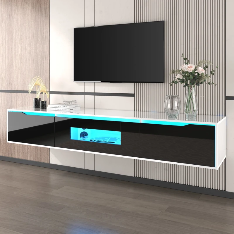 High-Gloss TV Cabinet with LED Lights, Modern Design, Versatile Mounting Options, 180L x 35W x 30H cm, Black