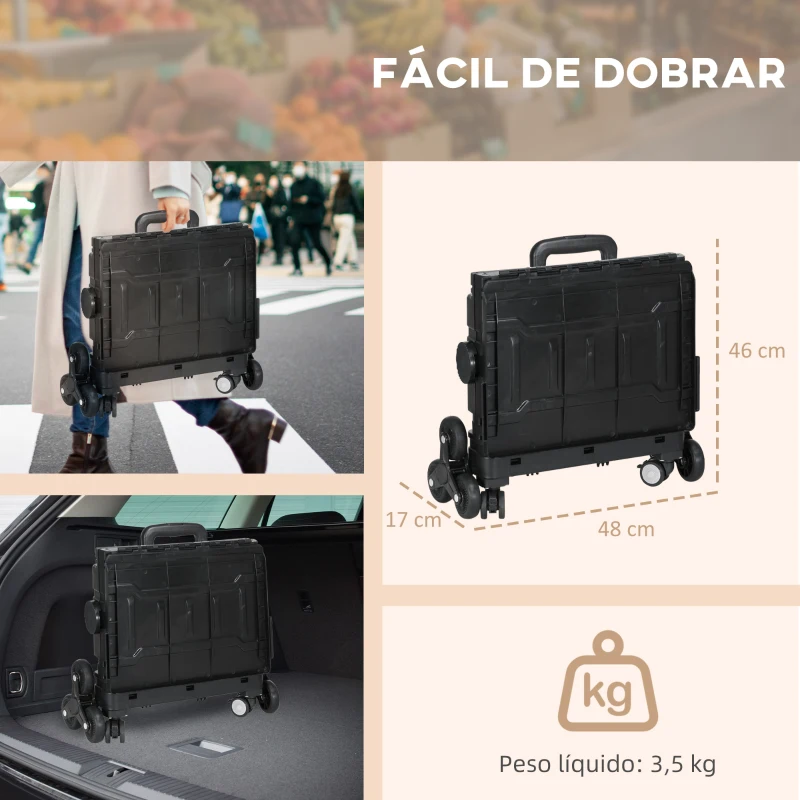 HOMCOM Carrinho de Armazenamento Dobrável Carrinho de Compras com 2 Rodas para Subir Escadas Capacidade 35L 48x43x95 cm Preto