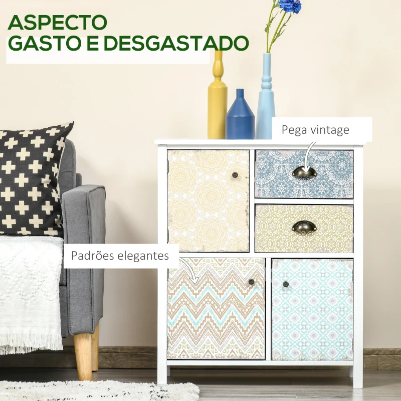 HOMCOM Cómoda Estilo Boémio Cómoda para Dormitório com 2 Gavetas e 3 Compartimentos Desenho Anti-Tombo 68x34x80 cm Multicor