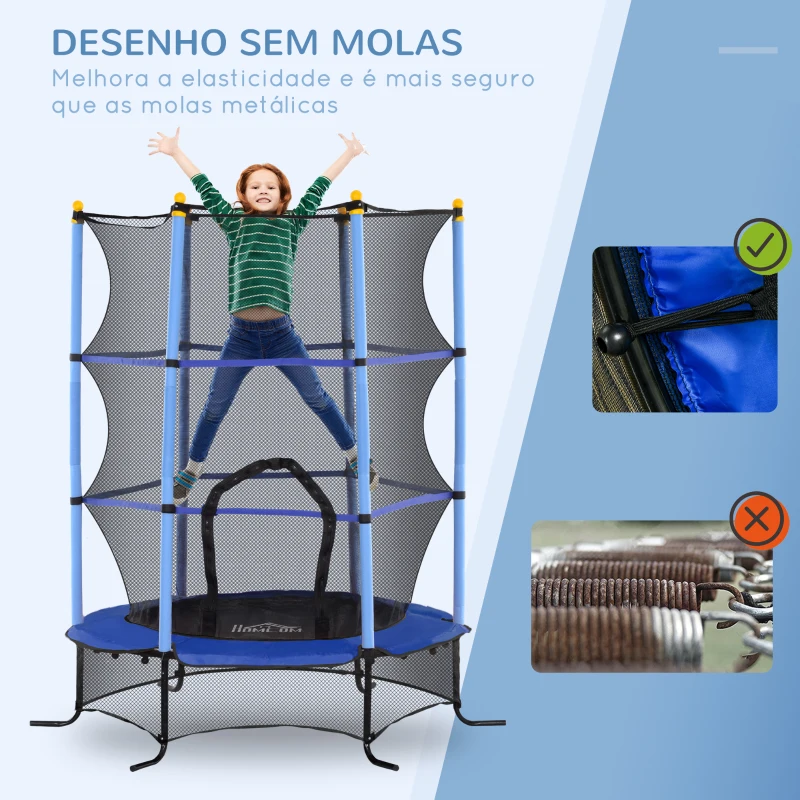 HOMCOM Trampolim para Crianças com Rede de Segurança e Estrutura de Aço para Interiores e Exteriores Carga 50 kg Ø163x190 cm Azul