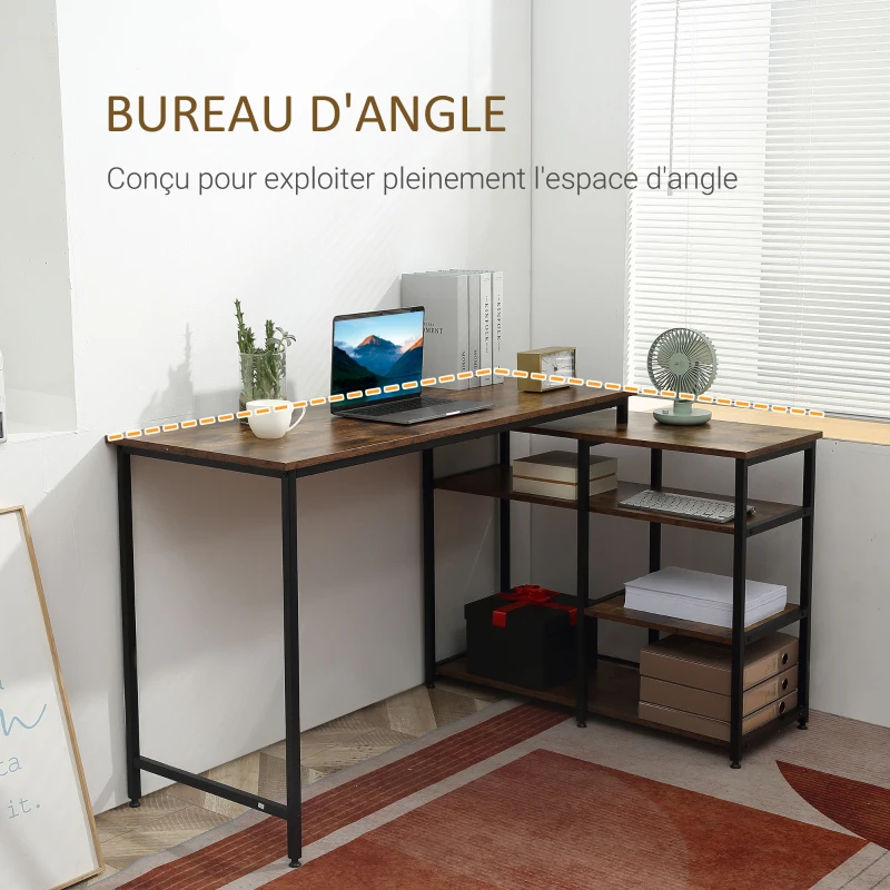 HOMCOM Bureau Informatique Design Industriel Bureau d'angle 3 étagères Aspect Vieux Bois métal Noir