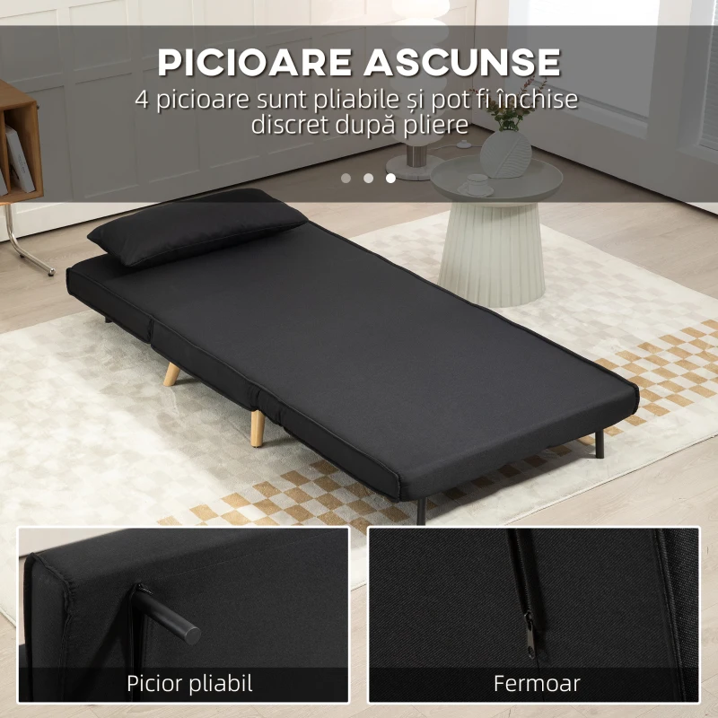 HOMCOM Fotoliu Pat Individual 3 în 1 cu Spătar Reglabil pe 6 Nivele și Pernă, Canapea Pat Pliant, 94x78x80 cm, Negru(m-6)