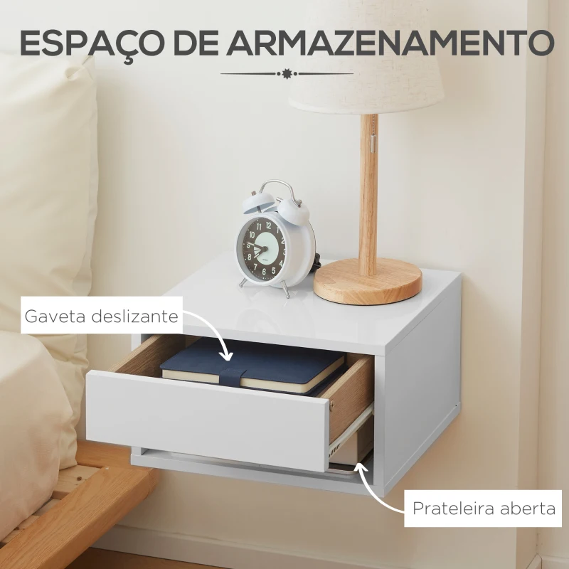 HOMCOM Conjunto de 2 Mesas de Cabeceira Flutuantes Mesas de Cabeceira com Gaveta para Dormitório 37x32x21 cm Branco