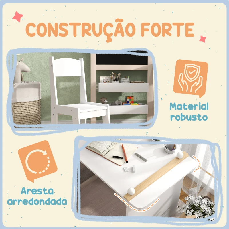 AIYAPLAY Mesa e Cadeira Infantil Mesa para Crianças com Cadeira Ardósias Dobrável Prateleiras e Rolo de Papel Branco