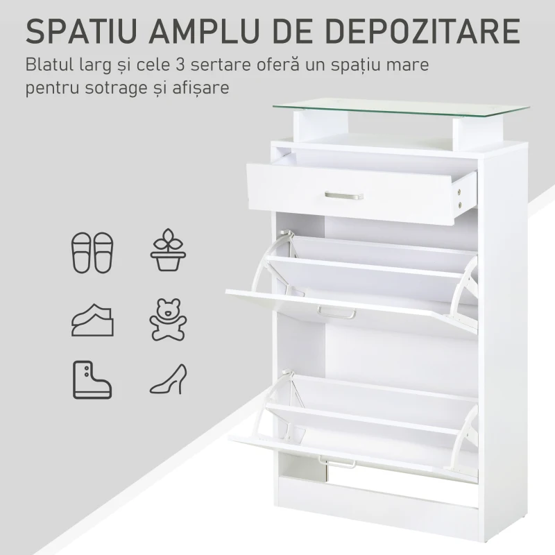 HOMCOM Dulap pentru Pantofi cu 2 Uși pe 2 Niveluri, Sertar și Raft din Sticlă, Dulap pentru Pantofi, 60x24x105,5 cm, Alb