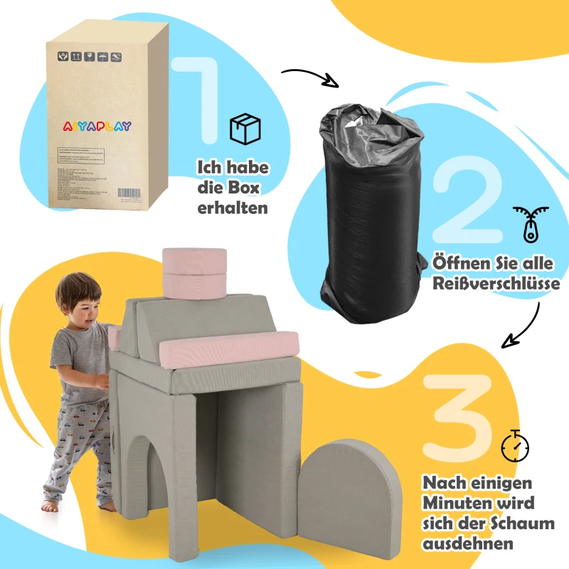 AIYAPLAY Modułowa sofa dla dzieci, 12 miękkich bloków w 6 kształtach, pokrowce do prania, szary/różowy